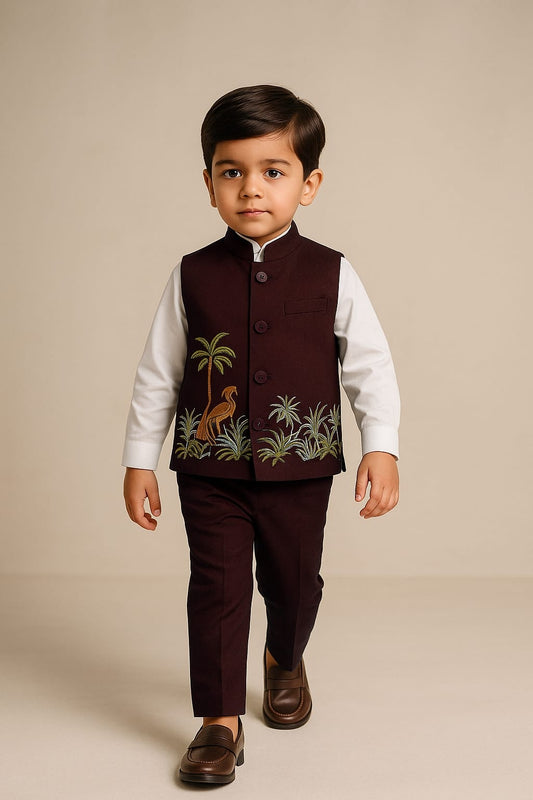 Pre Order: Shirt And Jungle Theme Embroidered Brown Jacket With Pant