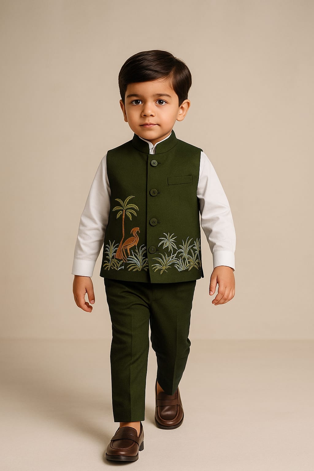 Pre Order: Shirt And Jungle Theme Embroidered Mehendi Green Jacket With Pant