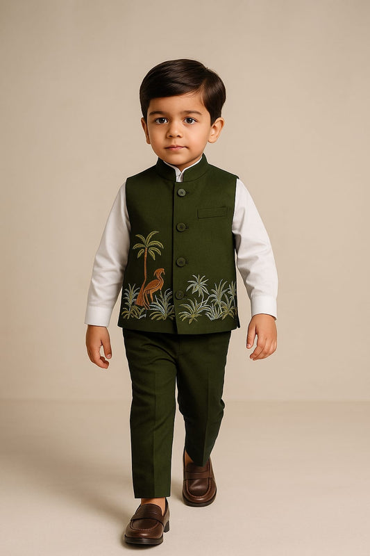 Pre Order: Shirt And Jungle Theme Embroidered Mehendi Green Jacket With Pant