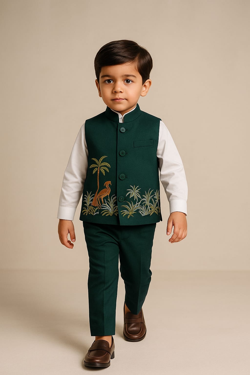 Pre Order: Shirt And Jungle Theme Embroidered Bottle Green Jacket With Pant