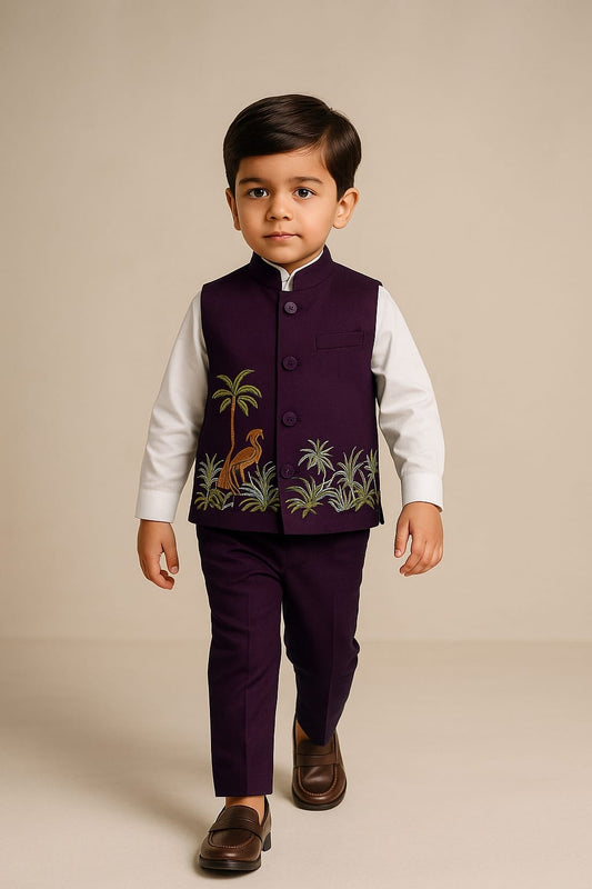 Pre Order:Shirt And Jungle Theme Embroidered Wine Jacket With Pant
