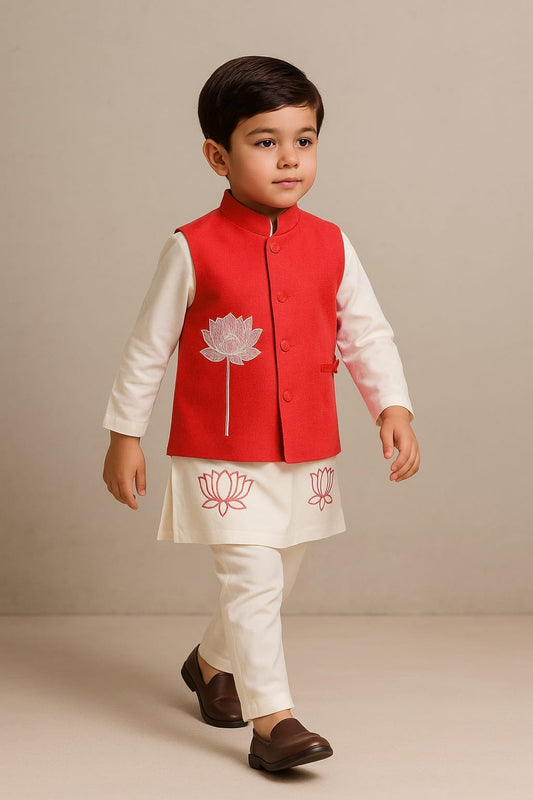 Pre Order: Lotus Embroidered Kurta With Red Jacket And Churidar