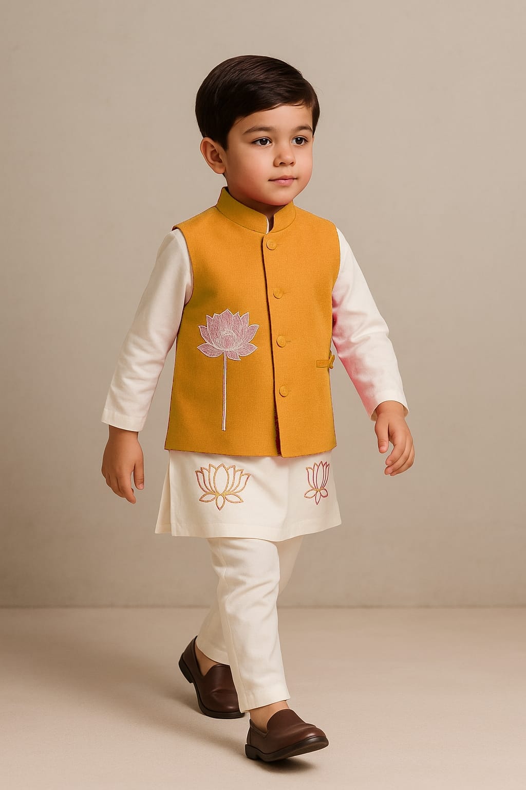 Pre Order: Lotus Embroidered Kurta With Mustard Jacket And Churidar