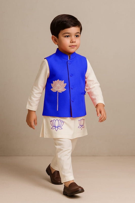 Pre Order: Lotus Embroidered Kurta With Blue Jacket And Churidar
