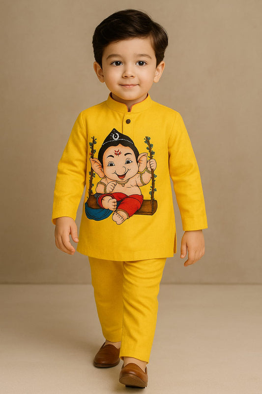 Pre Order: Yellow Ganesh kurta Set