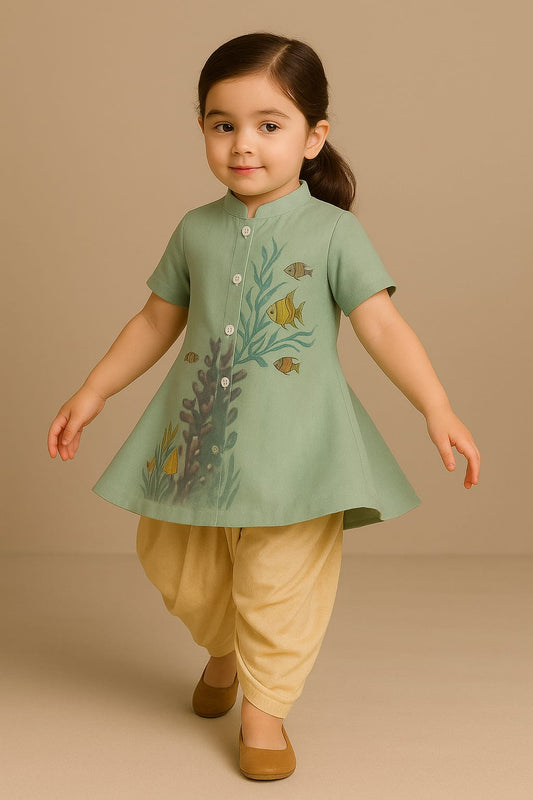 Pre Order: Sea life Hand Painted Top And Dhoti