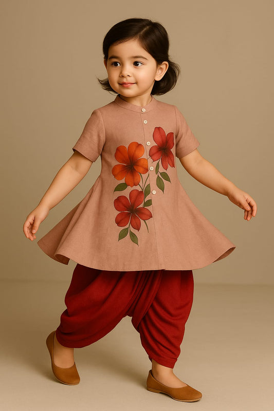 Pre Order: Floral Peach And Red Hand Painted Top And Dhoti