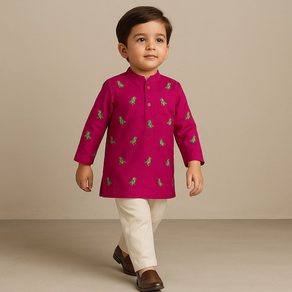 Pink Bird Embroidered Kurta And Pyjama
