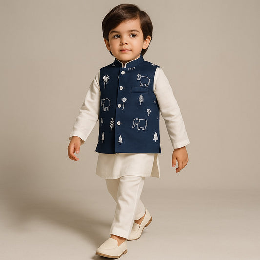 Pre Order: Cream Kurta With Blue Embroidered Jacket And Pyjama
