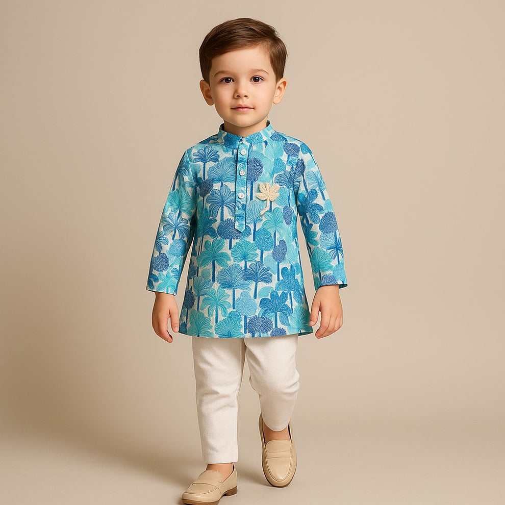 Pre Order: Blue Multicolour Printed Kurta With Pintuck Detail And Pyjama