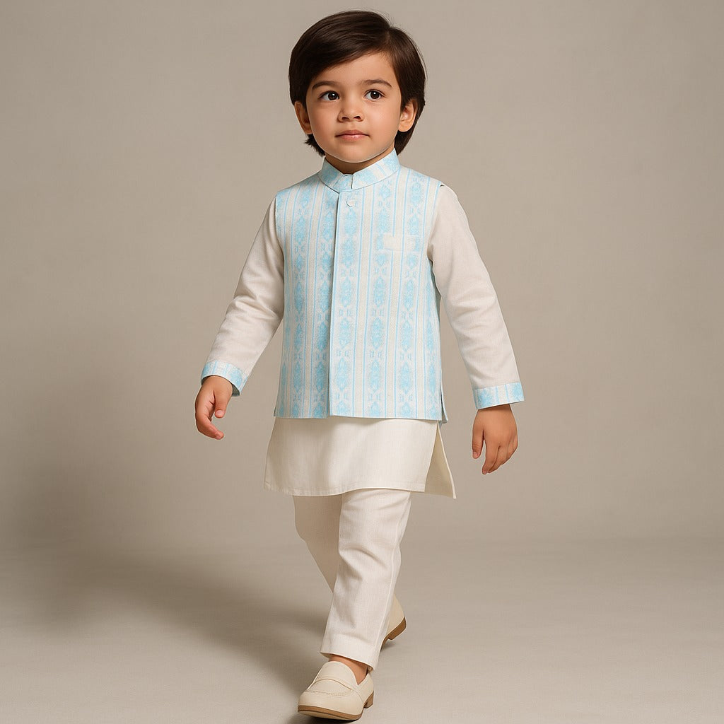 Pre Order: Off White Kurta And Jacket With Pyjama