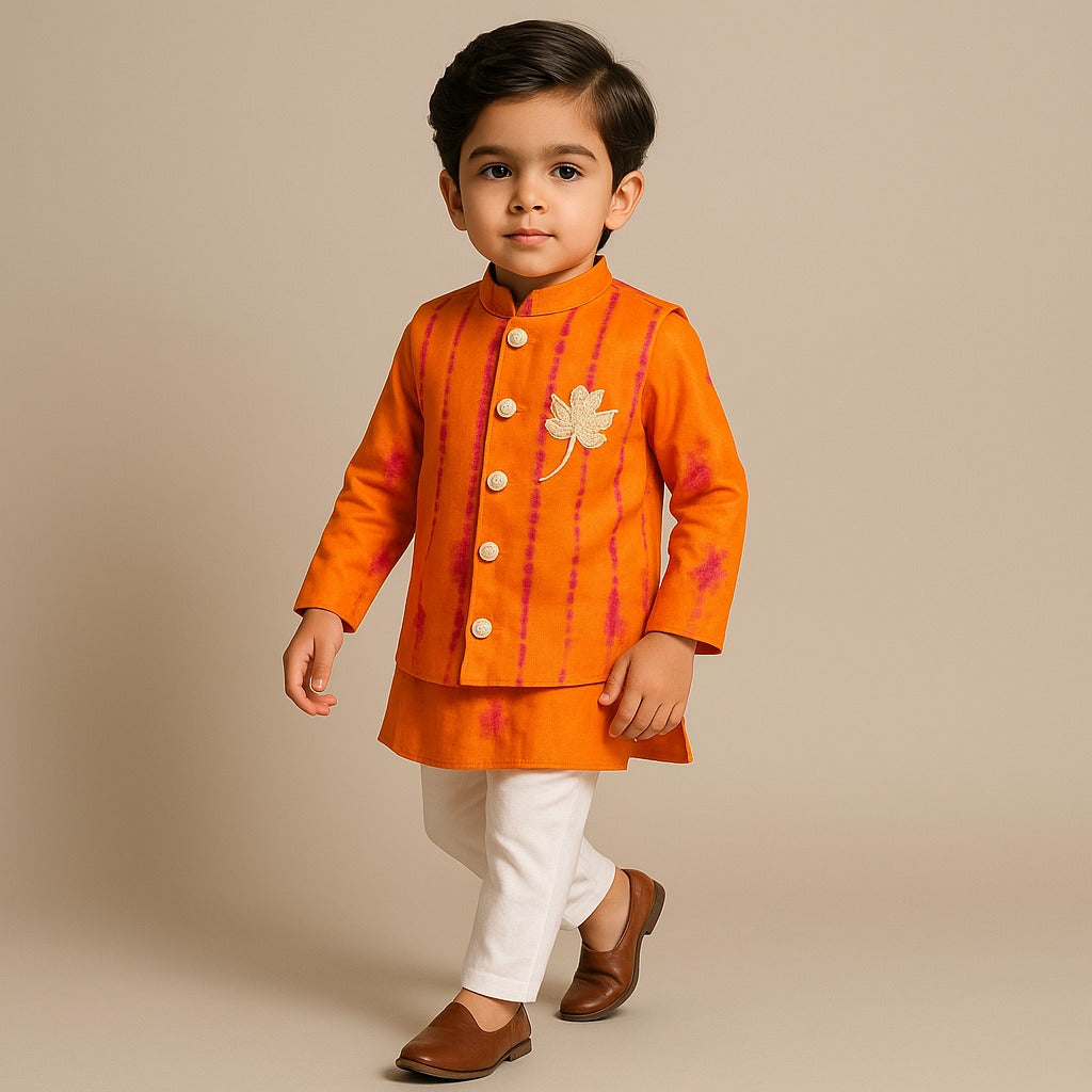 Pre Order: Orange Printed Kurta With Jacket And Pyjama