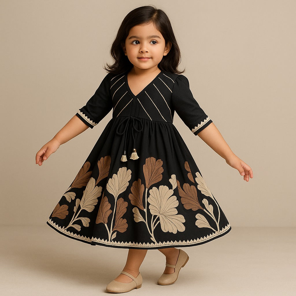 Pre Order: Black Kurti With Printed Gota Lace Detailed Front Open Jacket