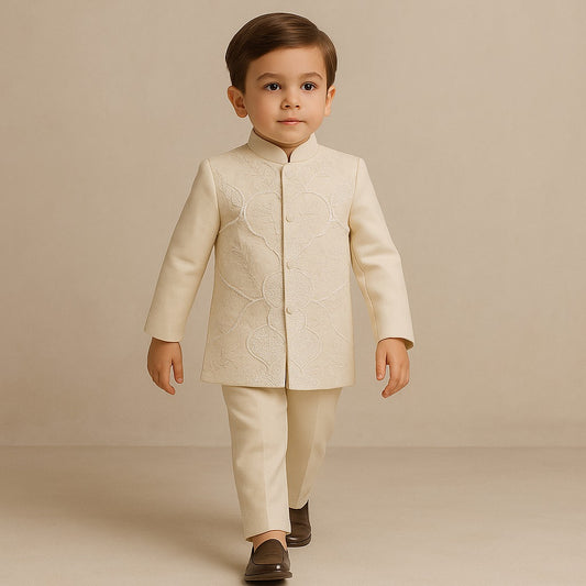 Pre Order: Beige Embroidered Sherwani and Pyjama