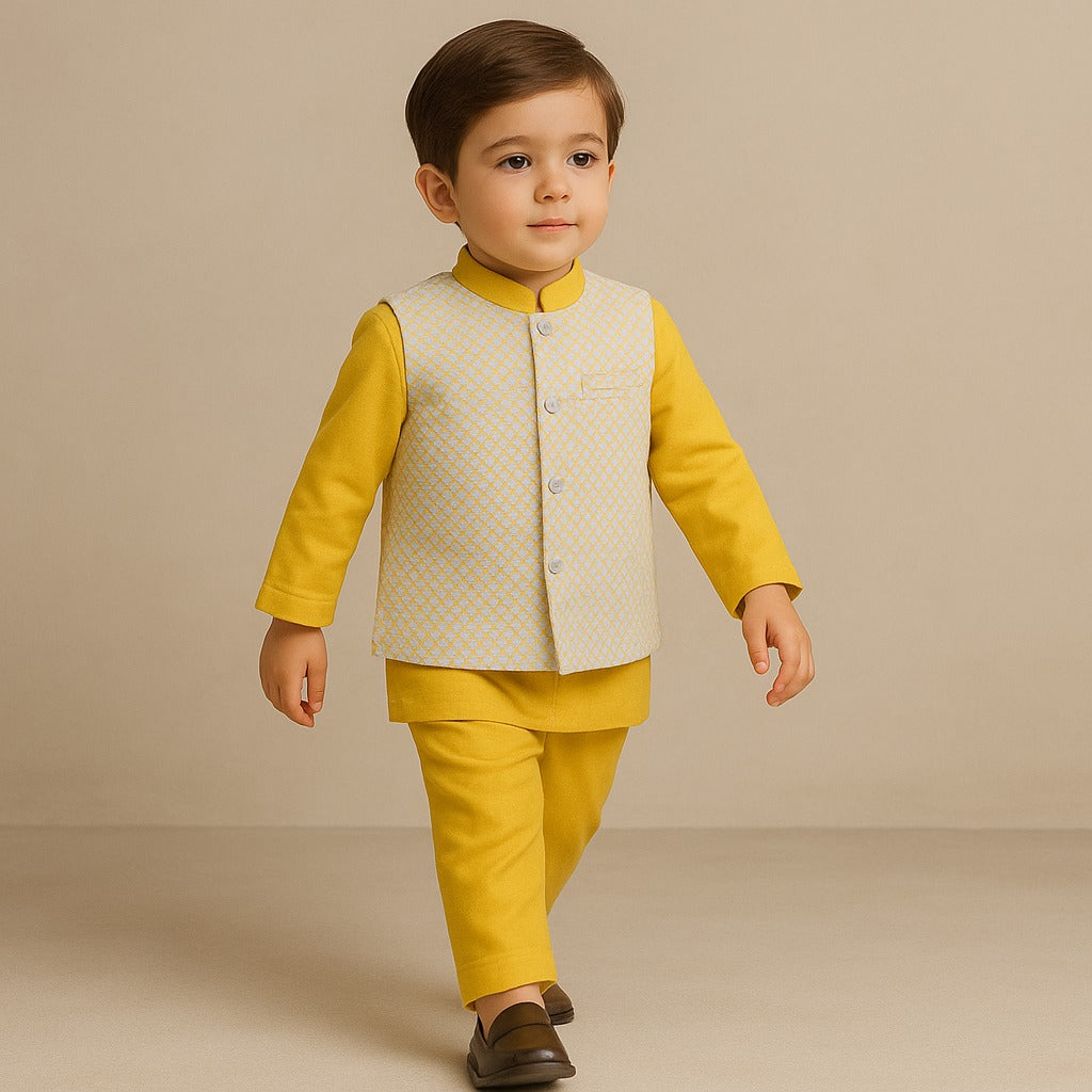 Mustard Kurta And Multicolour Printed Jacket With Pyjama