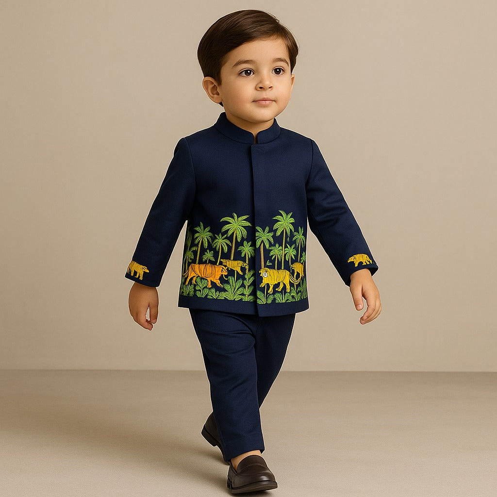 Pre Order: Jungle Theme Embroidered Blue Sherwani With Pant