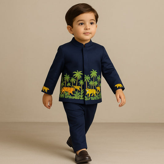 Pre Order: Jungle Theme Embroidered Blue Sherwani With Pant