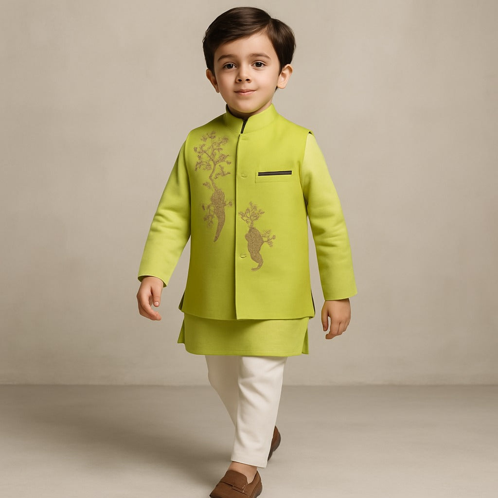 Pre Order: Green Kurta With Bird Embroidered Jacket And Pyjama