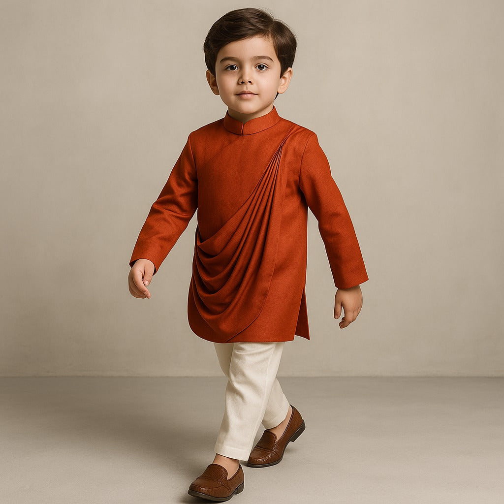 Pre Order: Rust Flap Kurta With Pleated Drape Detailing And Pant