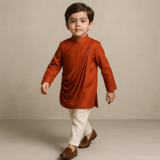 Pre Order: Rust Flap Kurta With Pleated Drape Detailing And Pant