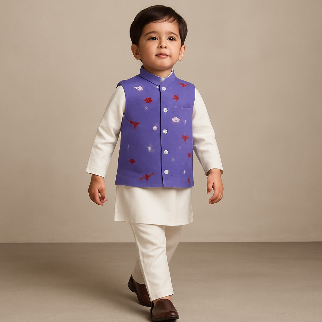 Pre Order: Cream Kurta With Purple Embroidered Jacket And Pyjama
