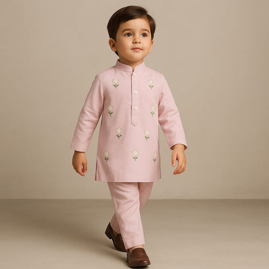 Pre Order: Pink Kurta With Embroidered Flower Applique And Pant