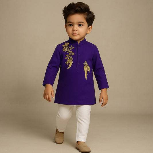 Pre Order: Purple Bird Embroidered Kurta And Pyjama