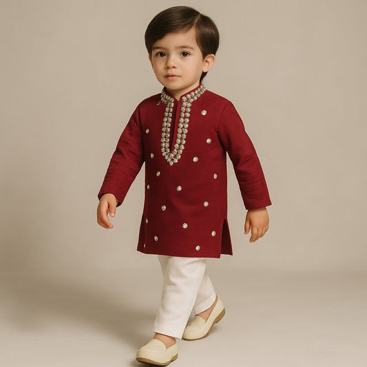Pre Order: Maroon Embroidered Kurta And Pyjama