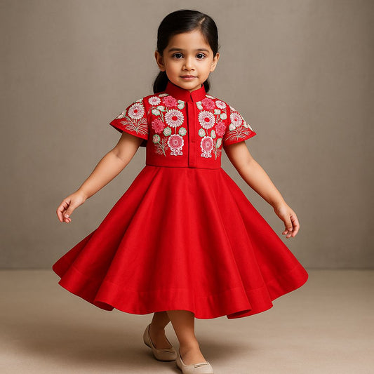 Pre Order: Red Kurti With Embroidered Shoulder Flap Jacket