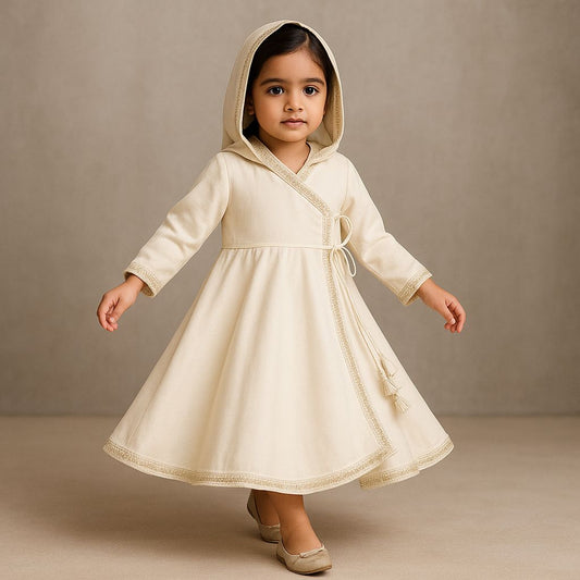 Pre Order: Off White Angarkha Style Lace Detailed Anarkali With Dupatta