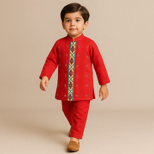 Pre Order: Red Embroidered And Pintuck Detailed Kurta With Pyjama