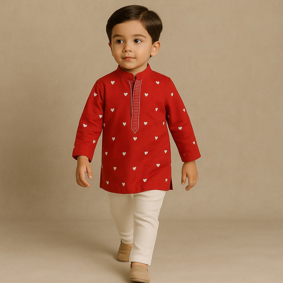 Pre Order: Red Heart Embroidered Kurta And Pyjama