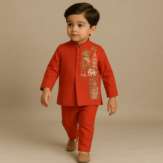 Pre Order: Red Kurta With Embroidered Front Open Jacket And Pyjama