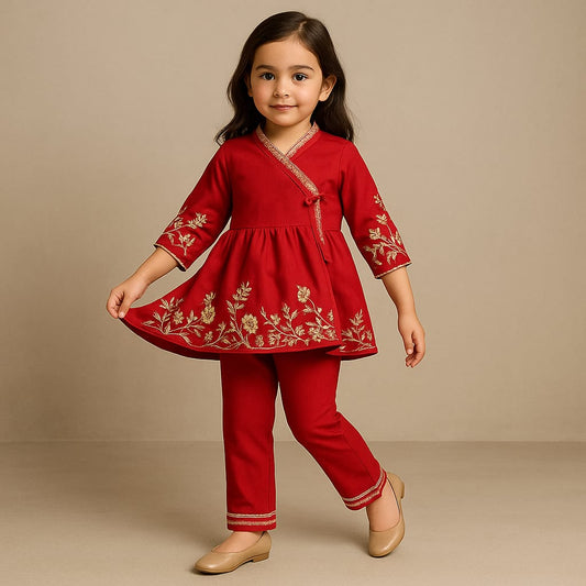 Pre Order: Red Angarkha Style Embroidered Peplum Kurti And Pant