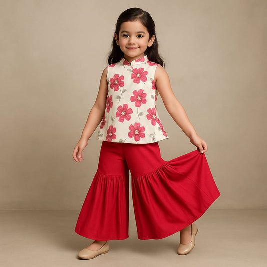 Pre Order: Cream Floral Hand Block Printed Top And Sharara