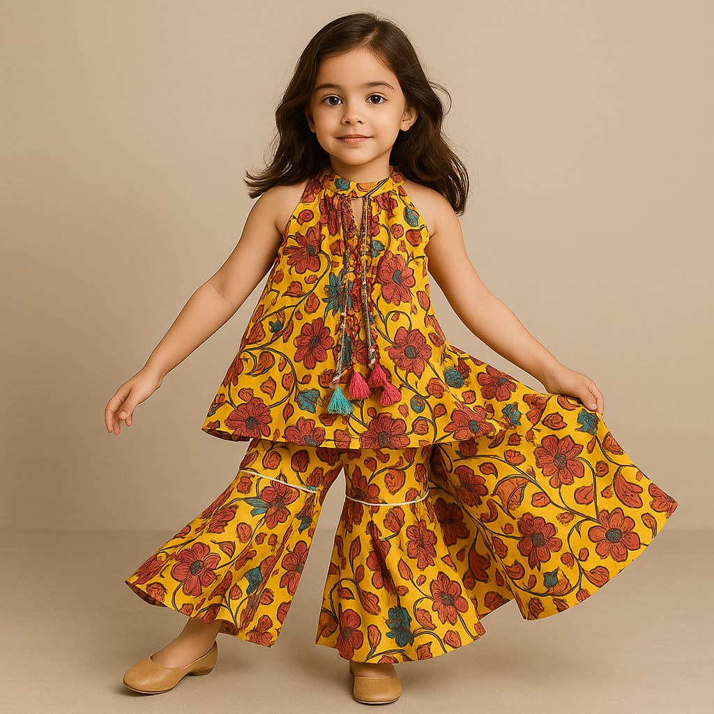 Pre Order: Dangling Strings Tassels Neckline Multicolour Printed Top And Sharara