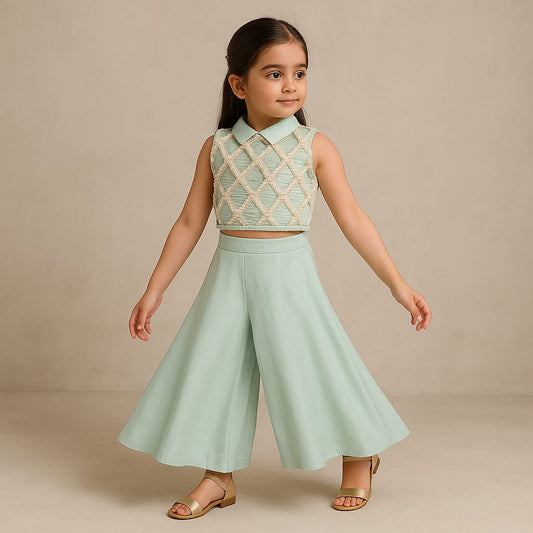 Pre Order: Sequin Embroidered Lace Detailed Top And Umbrella Style Flared Palazzo
