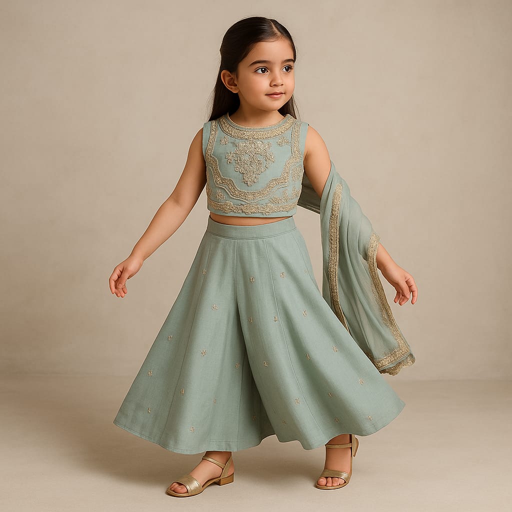 Pre Order: Embroidered Scalloped Detail Top And Flared Palazzo With Dupatta