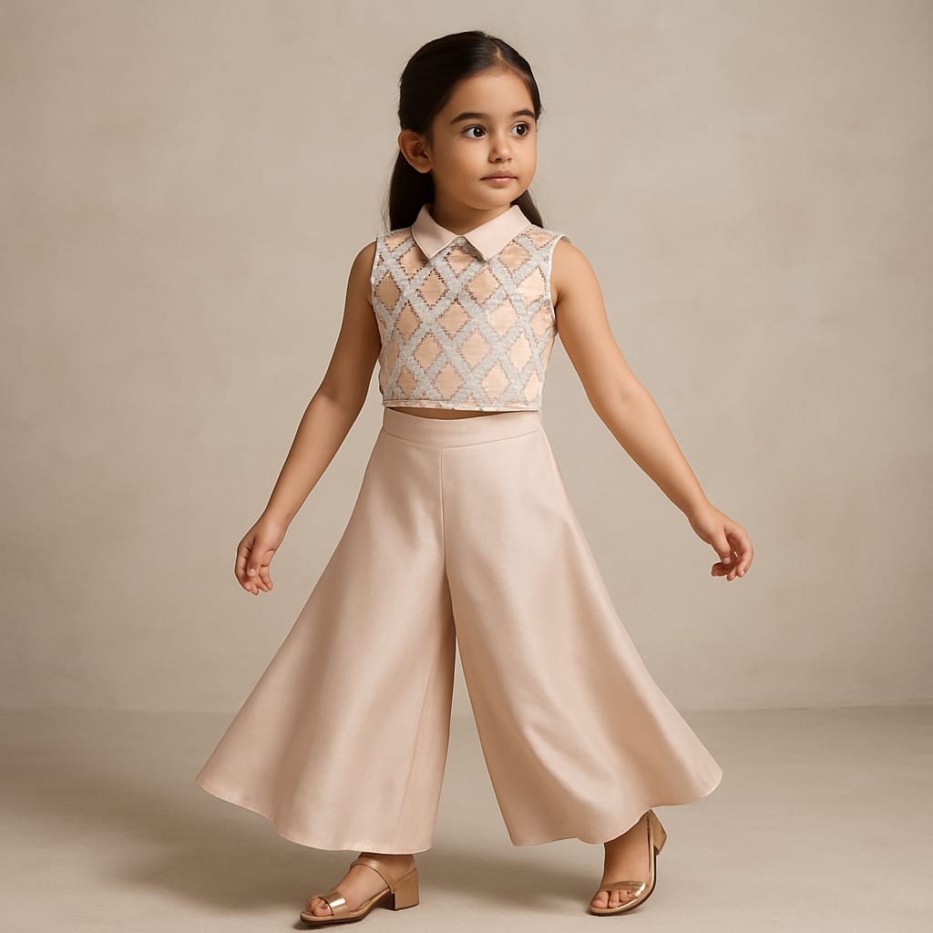 Pre Order: Peach Sequin Embroidered Lace Detailed Top And Umbrella Style Flared Palazzo