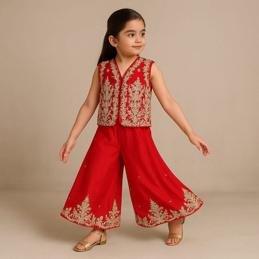 Pre Order: Red Embroidered Top And Palazzo