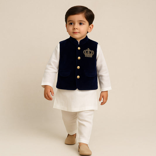 Pre Order: Dark Blue Velvet Jacket With White Kurta And Pyjama