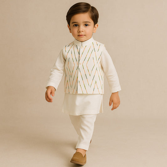 Pre Order: Embroidered jacket with White Kurta and Pants