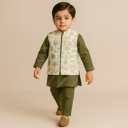 Pre Order: Green Kurta And Printed Jacket With Pyjama
