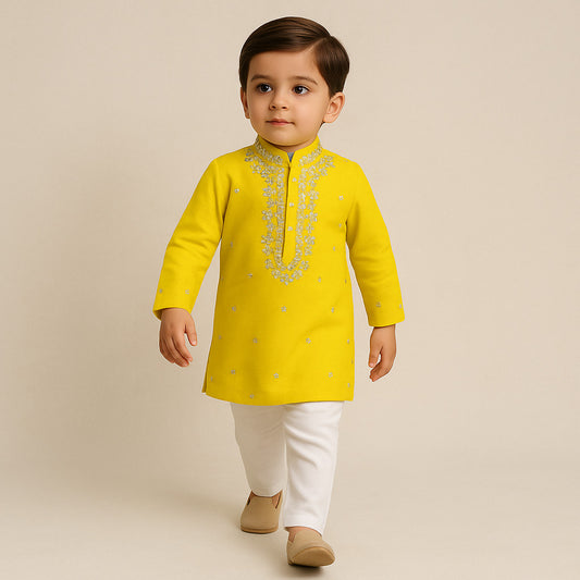 Pre Order: Mustard Embroidered Kurta and Churidar
