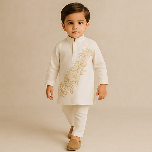 Pre Order: Chanderi Kurta With Applique Embroidery And Pyjama
