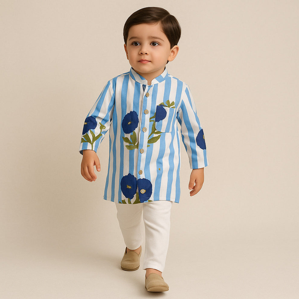 Pre Order: Blue Floral Printed Kurta With Pyjama