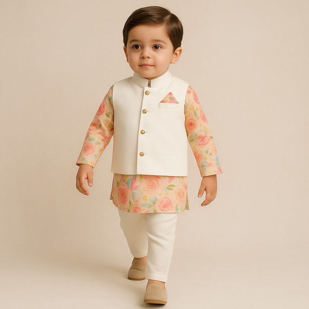 RTD Pre Order: Multicolour Printed Kurta With Jacket And Pyjama