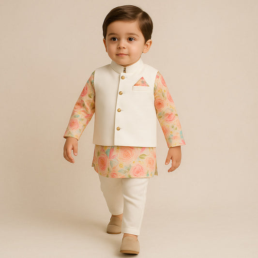 Pre Order: Multicolour Printed Kurta With Jacket And Pyjama