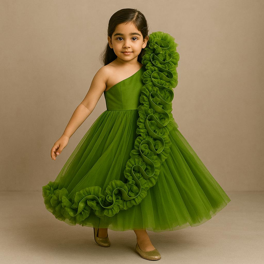 Pre Order:Mehendi One Shoulder Ruffle Net Gown