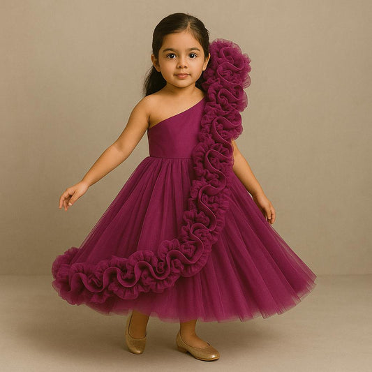 Pre Order:Magneta One Shoulder Ruffle Net Gown